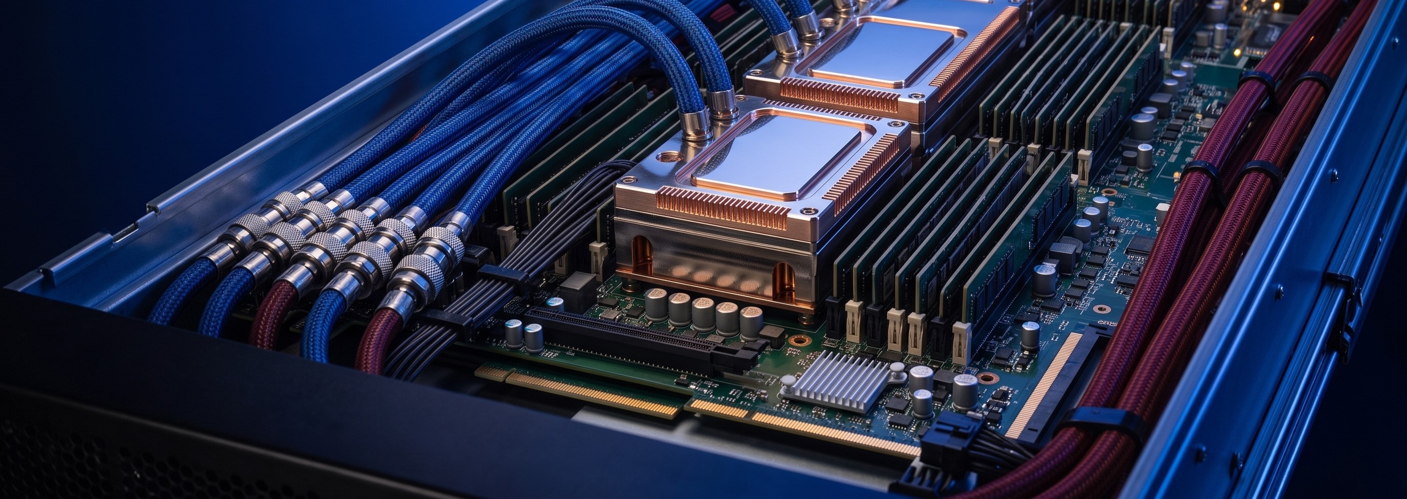 A liquid cooled server tray with cold plates and quick disconnect hoses landed on the board